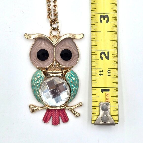 Vintage Charming Charlie Enamel Owl Pendant Necklace Turquoise Gold-Tone Chain - Picture 8 of 8